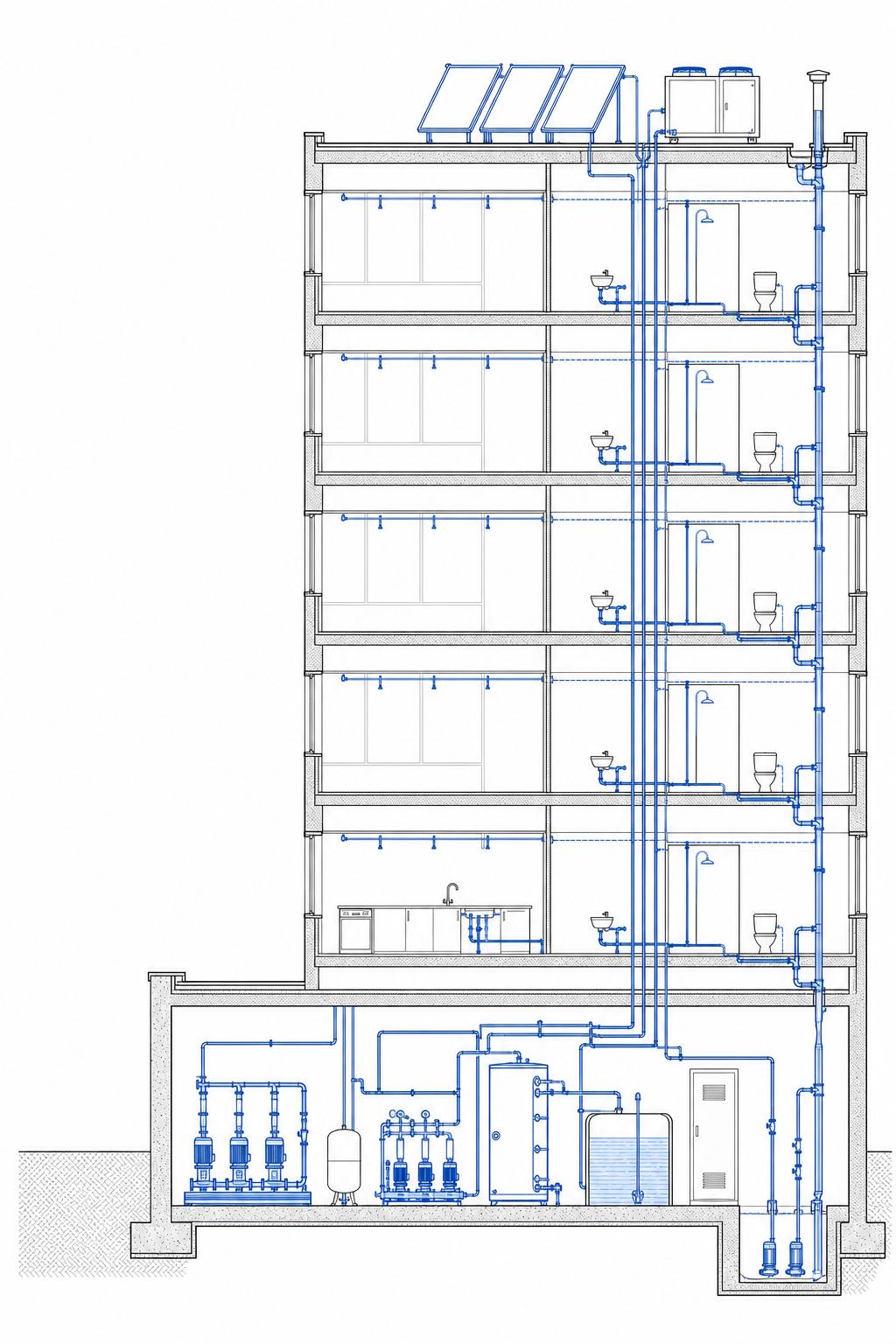 Building section showing water supply, hot-water circulation and drainage services